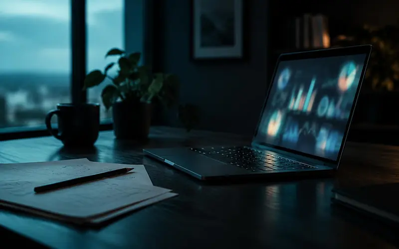 Laptop na tamnom radnom stolu pored beležnice i olovke