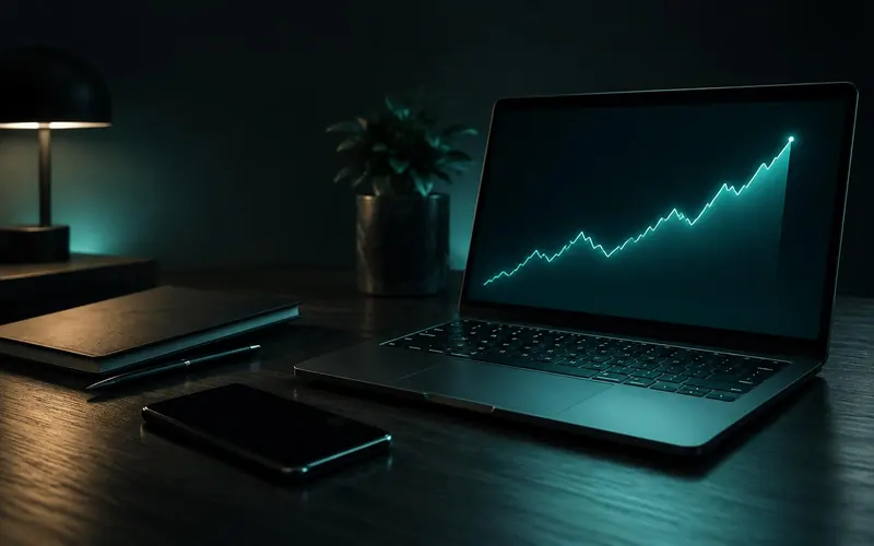 Laptop sa rastućim grafikonom poseta i telefon bez novih poruka na tamnom radnom stolu